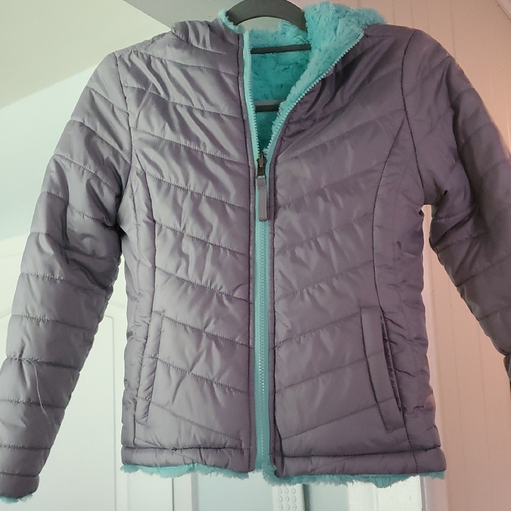Kids Quilted Jacket with Hood - Purple and Teal